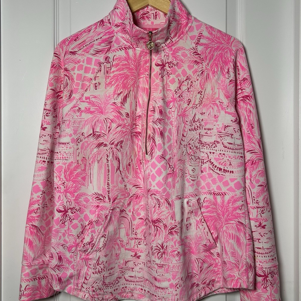 Lilly Pulitzer Pink White Tropical Palm Tree Print Half Zip Skipper Popover